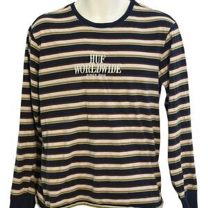 Vintage 90s HUF Worldwide Long Sleeve T Shirt Embroidered Logo Striped Blue Yell